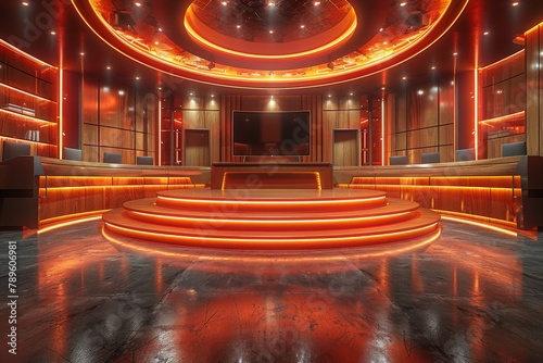 Sleek and modern red-hued theater interior with an empty circular stage ready for performance