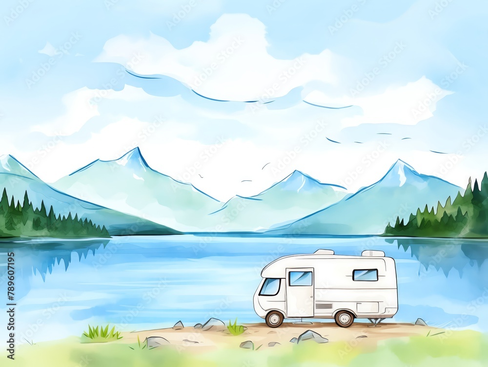 RV Camping, RV parked beside a tranquil lake, with mountains in the distance