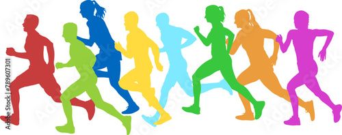 Set of silhouettes. Runners on sprint men and women on white background