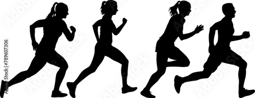 Set of silhouettes. Runners on sprint men and women on white background