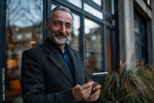 Portrait of a mature successful businessman boss, business owner smiling and looking at the camera, man holding a tablet computer, using an application to view online pages, Generative AI