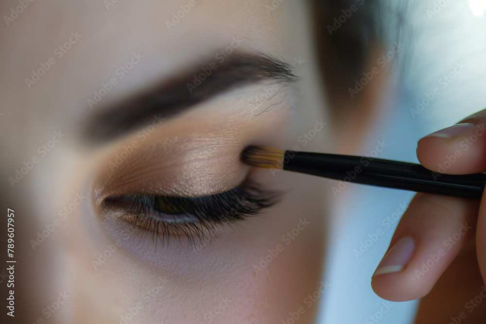 Using a soft brush, she blends shimmering eyeshadow onto her lids, creating a mesmerizing gaze.