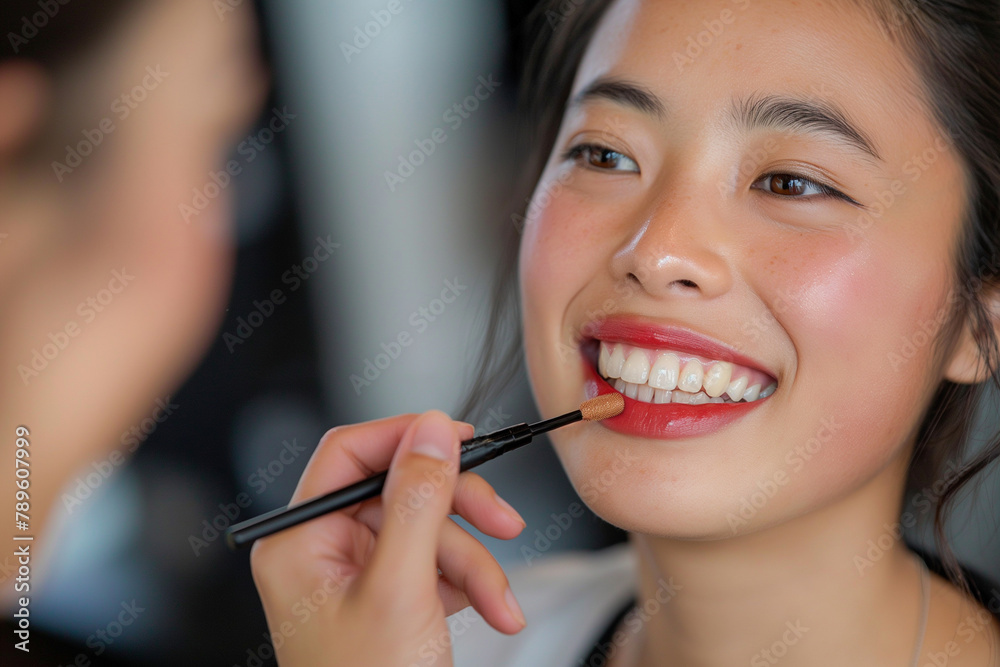 Applying a hydrating lip tint, she enjoys the sheer color that enhances her smile. Applying a hydrating lip tint, she enjoys the sheer color that enhances her smile.