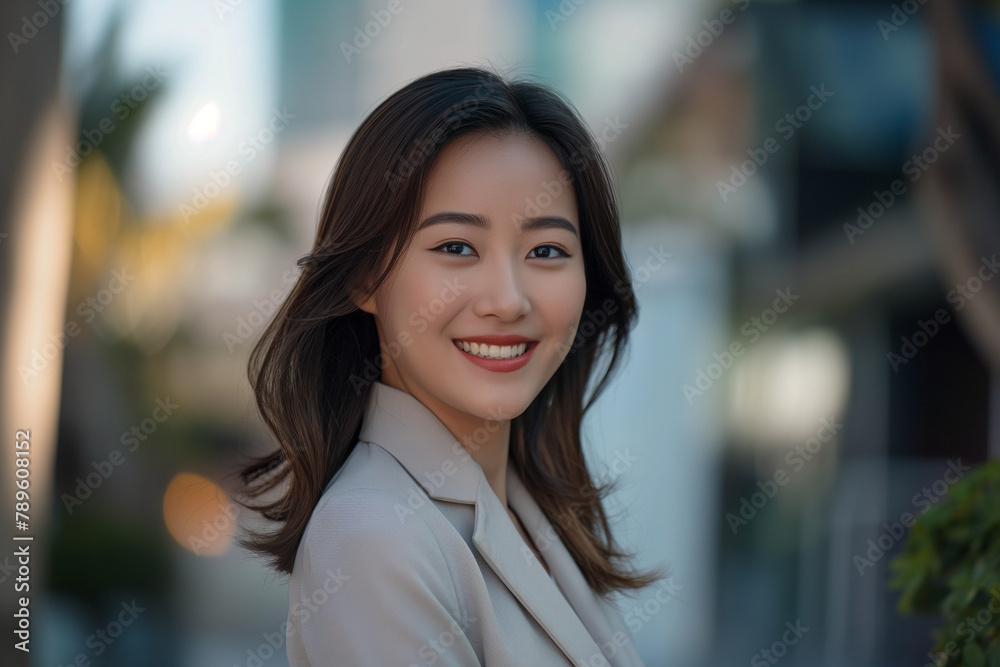 An elegant young Asian woman in a stylish pantsuit, exuding confidence and sophistication, with a captivating smile. An elegant young Asian woman in a stylish pantsuit, exuding confidence and sophistication, with a captivating smile.