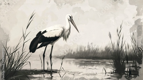 Old fashioned drawing of a calm stork standing in a shallow reedy marsh photo