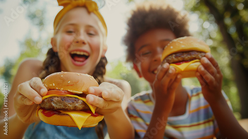 A pair of excited kids, a girl with a headband and a boy with a playful expression, holding up their cheeseburgers happily.