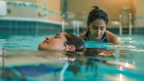 Crystal-clear waters surround a patient immersed in a tranquil pool, supported by a therapist, showcasing the therapeutic benefits of water exercises. © Maksym