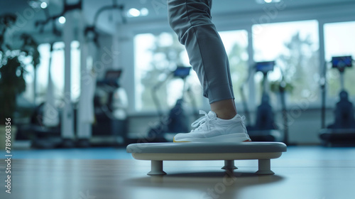 A patient stands on a wobble board in a bright gym, focusing intensely to improve stability and prevent falls. photo