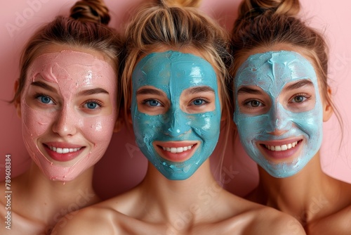Three young women posing with colorful facial masks on their skin, giving a spa-day-at-home vibe