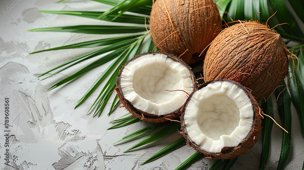 Fresh coconut whole and cut in half with palm leaf made with Ai generative technology