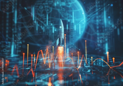 Rocket launching amidst a dark cyberspace backdrop symbolizes the upward trajectory of a successful business startup, reflecting financial growth and achievement in the realm of technology and innovat