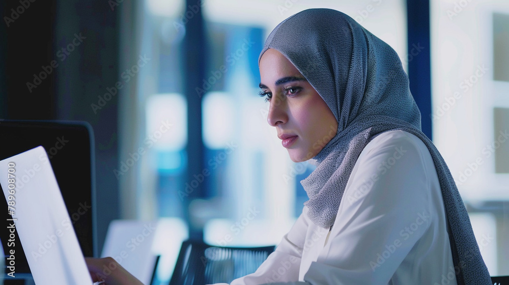 Close-up Portrait of  Muslim Businesswoman Wearing Hijab Sitting at Her Desk Working on Laptop Computer in Office