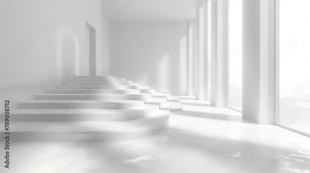 White room with stairs, space futuristic ceiling apartment decoration White room with stairs, space futuristic ceiling apartment decoration