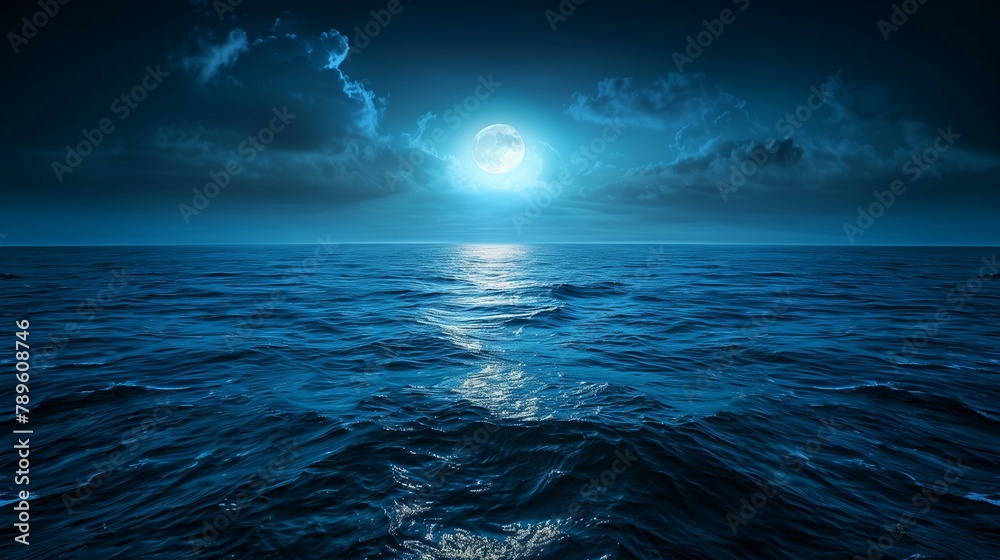 Blue moon over ocean, reflection weather moonlight horizon over water