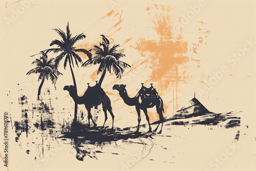 Old fashioned drawing of camels trekking through a desert oasis with palm trees