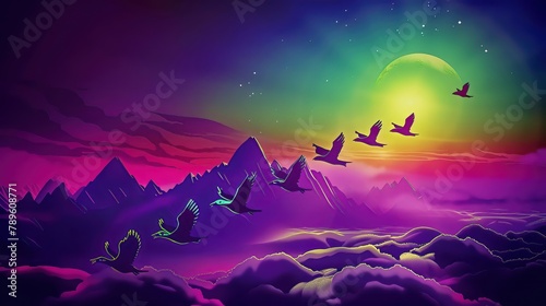 A flock of migratory birds, their wings outstretched in a majestic Vformation, soar high above the clouds, their journey guided by the stars and an innate sense of wanderlust