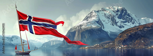 Norwegian Flag and Sailboat in Fjord Landscape 