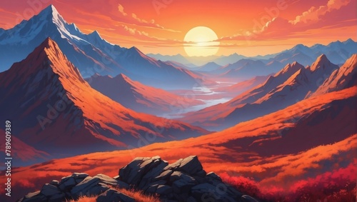 Illustration of mountain top view with sunrise light, featuring vibrant orange and red shades.