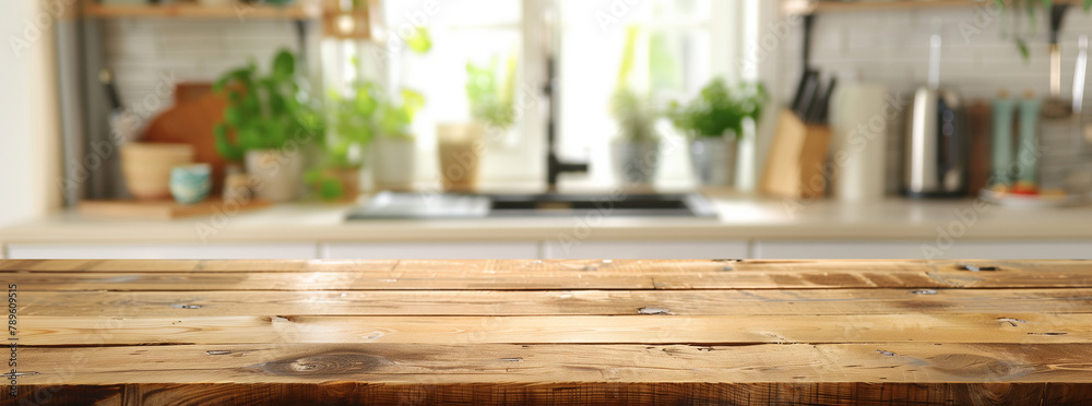 Wooden Tabletop with Blurred Kitchen Background
