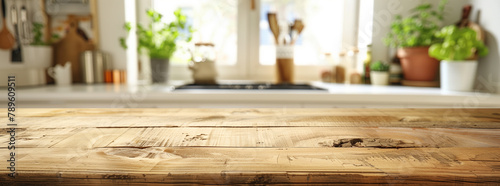 Wooden Tabletop with Blurred Kitchen Background 