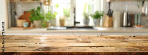 Wooden Tabletop with Blurred Kitchen Background  © augenperspektive