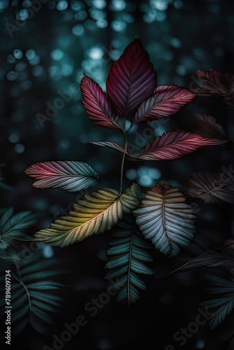 Colorful leaves on dark background with bokeh effect. Toned.