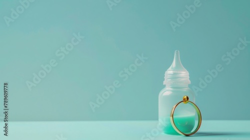 A pierced baby bottle is wearing a golden ring in front of a light blue background. photo