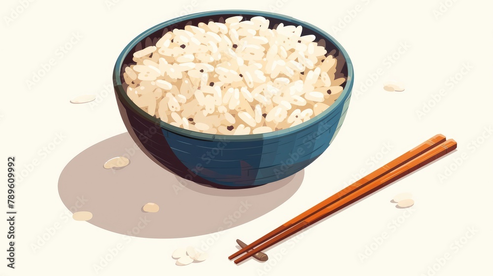 An 2d illustration featuring a bowl of rice placed beside a pair of chopsticks against a clean white backdrop An 2d illustration featuring a bowl of rice placed beside a pair of chopsticks against a clean white backdrop