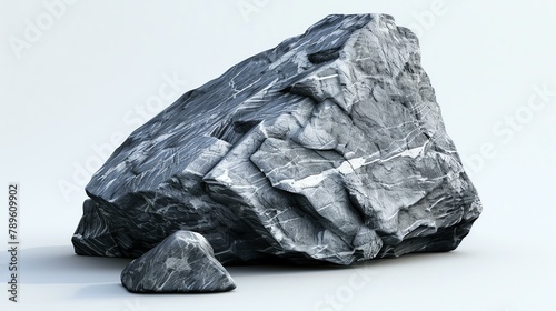 A large  dark gray rock sits on a white surface. The rock is angular and has a rough texture. There is a smaller rock sitting in front of it.