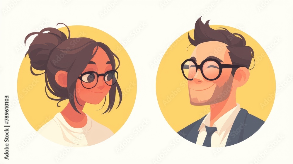 Two business professionals with glasses and a smiling man depicted as a cartoon avatar in round profile picture icons in a 2d illustration for graphic design Two business professionals with glasses and a smiling man depicted as a cartoon avatar in round profile picture icons in a 2d illustration for graphic design