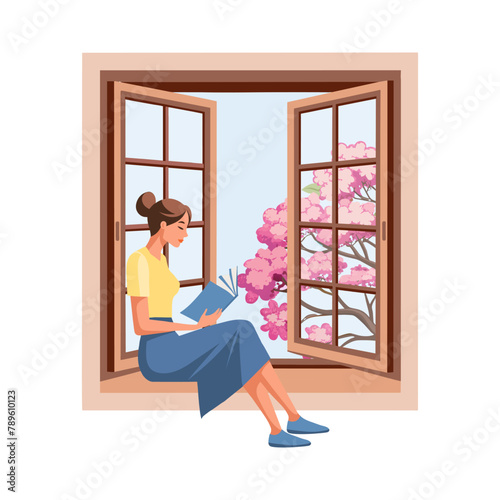 Cute woman reading a book while sitting near an open window with a landscape. Background for a bookstore. Education and recreation concept. Vector