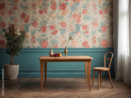 An empty table against a heavily wallpapered apartment design, maximalist background design, blank product, photo backdrop, and scene design.
