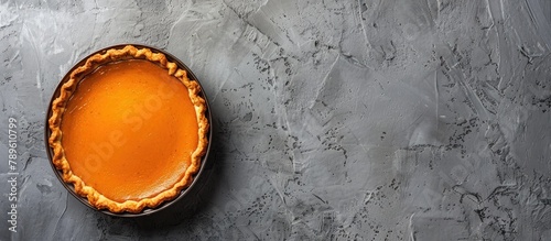 Pumpkin pie, a dessert traditionally enjoyed on Thanksgiving day, displayed on a grey stone background. Captured from a top-down perspective with empty space for text. photo