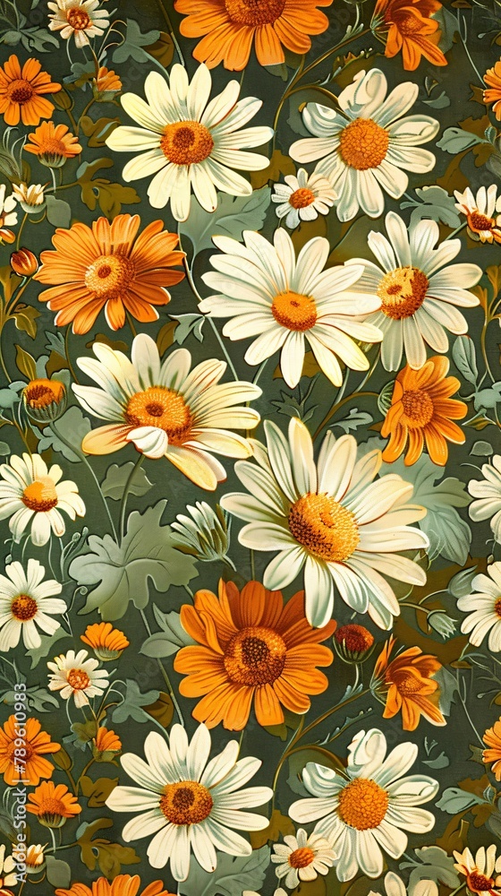 Retro pattern featuring bright daisies scattered across a sunny field Retro pattern featuring bright daisies scattered across a sunny field