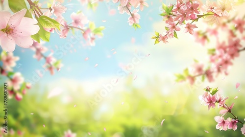 A beautiful spring landscape with cherry blossoms in full bloom. The delicate pink and white flowers are set against a backdrop of soft green leaves.