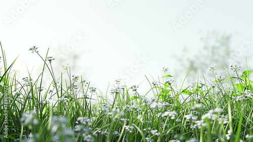 Close-up of a lush green field of grass and wildflowers. The grass is tall and green  and the wildflowers are white and delicate.