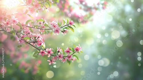 Beautiful spring background with delicate pink cherry blossoms against a blurred background of green foliage.