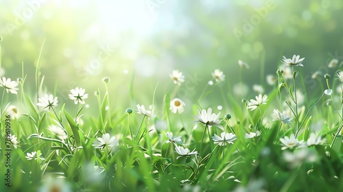 A beautiful field of white daisies in full bloom. The sun is shining brightly, casting a warm glow over the scene.
