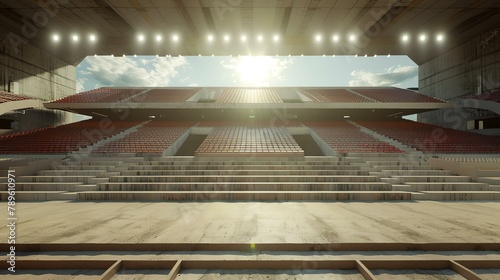 Large empty stadium with red and white seats under bright sunlight.