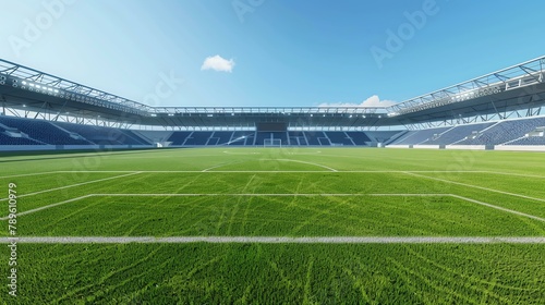 An empty soccer stadium with green field and blue sky.