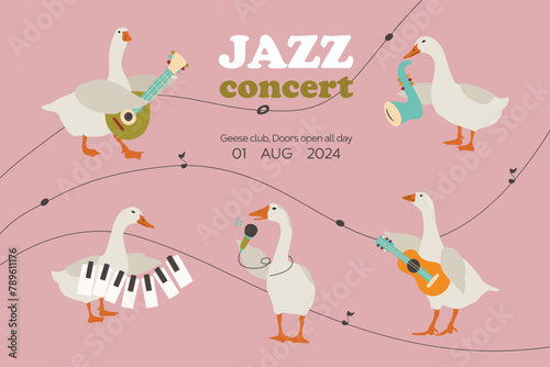 Jazz concert banner with music geese. Funny creative design of flyer with cute birds and musical instruments for advertising in vector