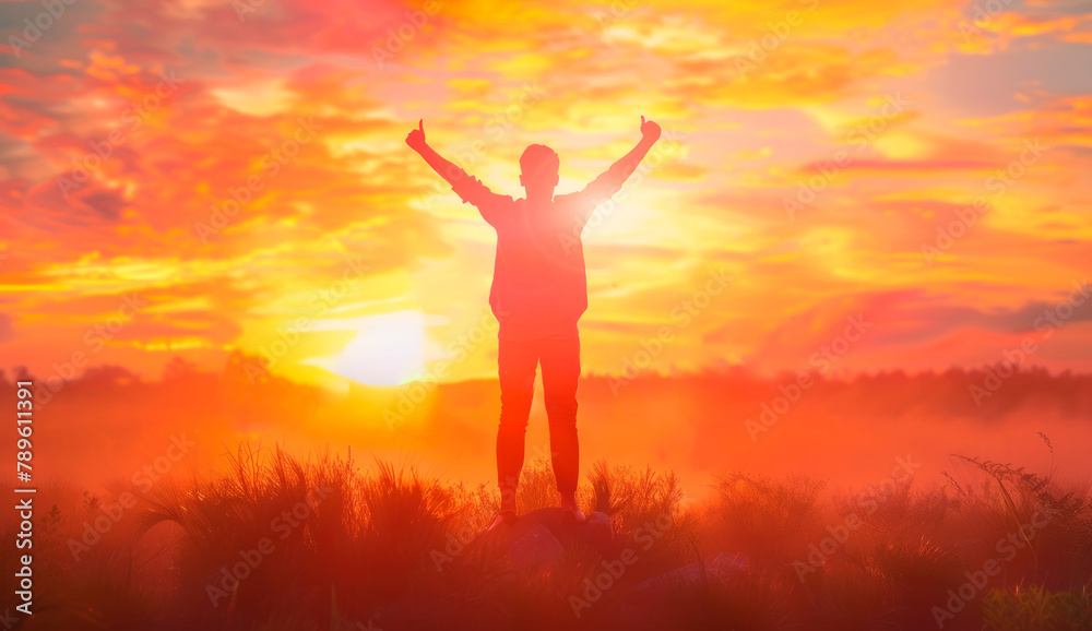 Silhouetted Person Raising Arms in Euphoria at Sunset in Open Field Silhouetted Person Raising Arms in Euphoria at Sunset in Open Field