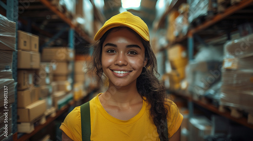 A latina woman wearing a yellow shirt and a hat is smiling in a warehouse
