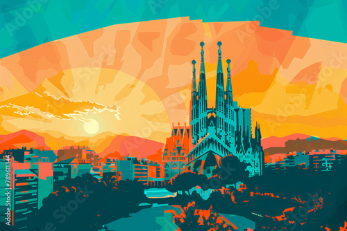 Sagrada Familia, Barcelona, Spain. contemporary style minimalist artwork collage illustration. Generative AI