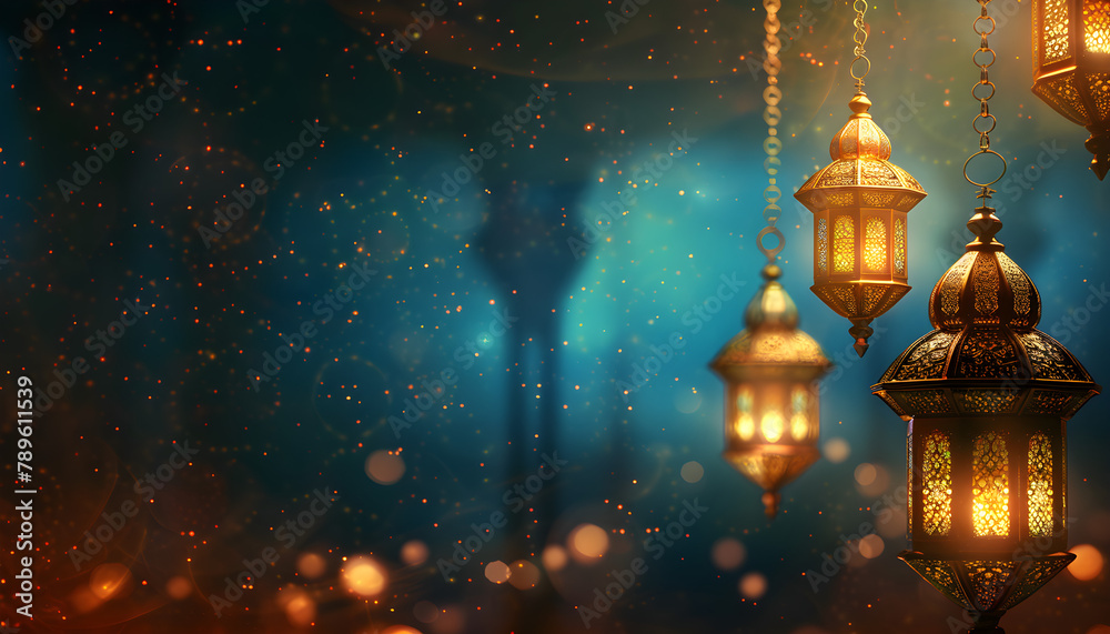 Obraz premium Arabic lantern of Ramadan celebration background illustration with copy space area