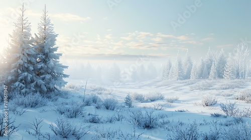 A winter wonderland of snow-covered trees and bushes. The sun is shining brightly  creating a beautiful scene.