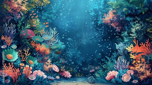 Retro style wallpaper with an underwater seascape of coral and anemones
