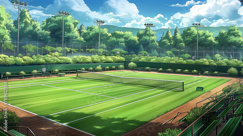 Tennis court with green grass and blue sky