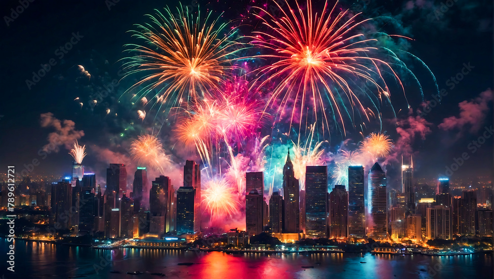 Colorful dazzling fireworks display erupting over a city skyline at night