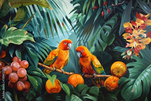 Retro wallpaper with parakeets and tropical fruits in a lush rainforest setting photo
